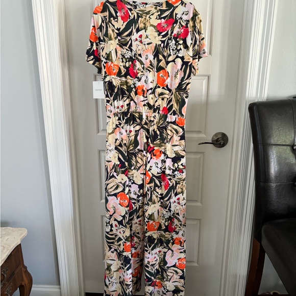 Ellen Tracy Big Flower Field Ink Tie Front Floral Jumpsuit Size L NWT - Picture 3 of 8